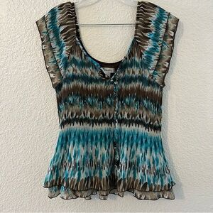 Dressbarn Boho Brown & Blue Tie Detail Women's Top